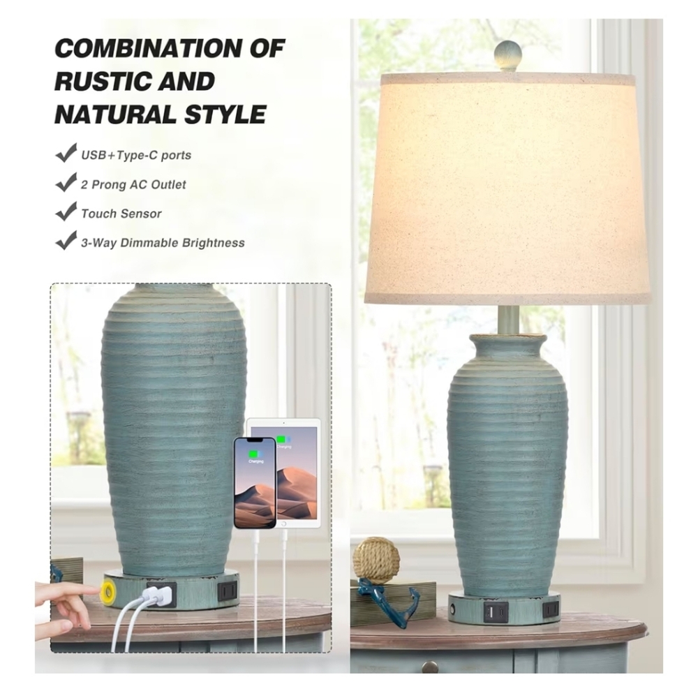 25" Farmhouse Jar Table Lamps Set of 2, 3 Way Touch Control Rustic Bedside Lamps - Picture 4 of 10